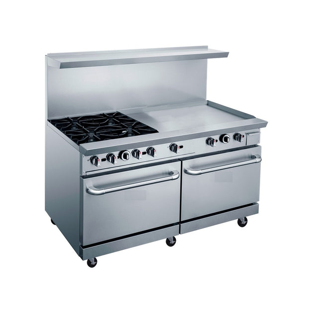 a stainless steel oven with two burners and two oven doors