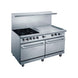 a stainless steel oven with two burners and two oven doors