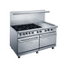 a stainless steel stove with two burners and two ovens