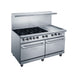 a stainless steel stove with two burners and two ovens