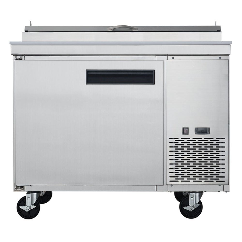 a large stainless steel freezer sitting on wheels