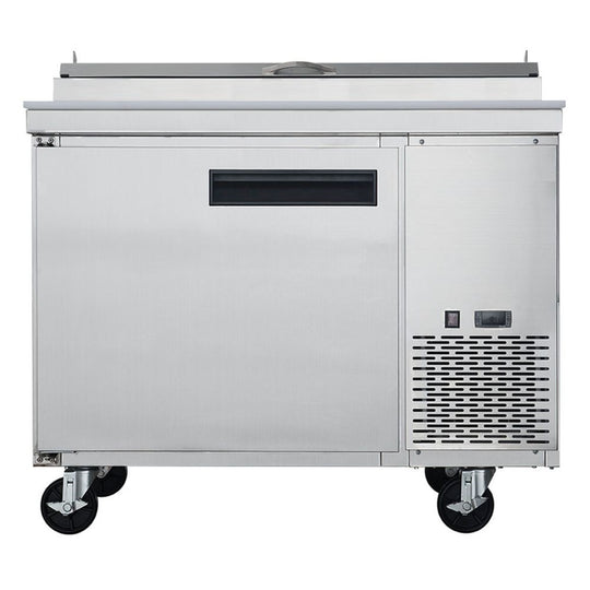 a large stainless steel freezer sitting on wheels