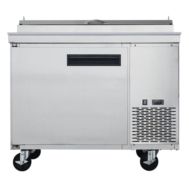 a large stainless steel freezer sitting on wheels