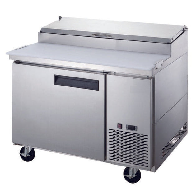 a stainless steel counter with two doors and two drawers