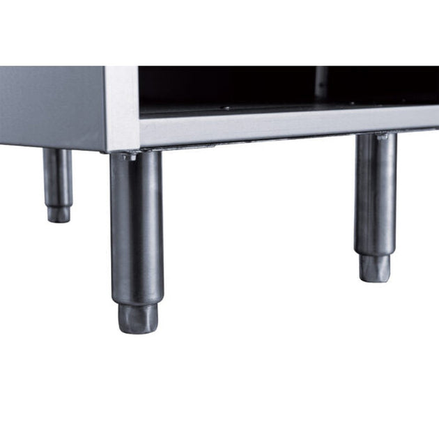 a metal shelf with two metal legs